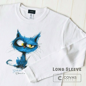 ユニセックス・長袖プリントTシャツ　"ブルーな猫"　ホワイト　ロンT