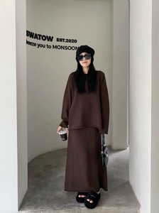 スカートスーツ 2点セット 長袖  無地 ニット  レジャー  ゆったり 快適 レディース ファッション  WCMA754