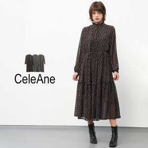 【新作】単色小花柄シアーティアードワンピース　フリルネック　3色展開