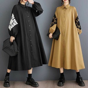 モード系Aライン袖プリント柄シャツワンピース【新作】