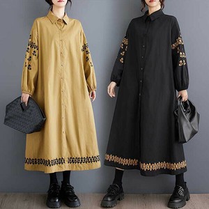 モード系Aライン袖・裾刺繍入りシャツワンピース【新作】