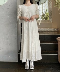 【2025秋冬新作】ボリューム袖ワンピース ドット 花柄 袖ドロスト 長袖 ロング丈 レディース