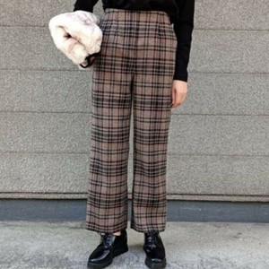 チェック柄　フェイクスエードワイドパンツ（グレー／ブラウン）　ボトムス｜カジュアル