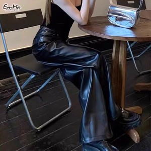 PUロングパンツ ハイウエスト ワイドレッグ  秋 冬 かっこいい ブラック 【2025AW】 ONA3110