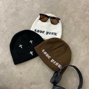 即納【2025新作】ハナモジ刺繍ビーニー　ロゴ　クロス　十字架　ニット帽　ニットキャップ　ユニセックス