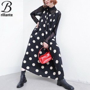 【10/1・再入荷】ドット柄フロントタックノースリロングワンピース 通年定番 BRILLANTE東京 (189343)