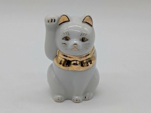 置物 縁起物 和陶器 瀬戸焼【日本製】/　招き猫白・黒/ゴールド