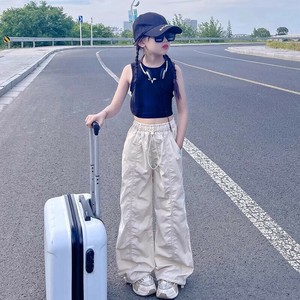 パンツスーツ 2点セット Tシャツ ラウンドネック ノースリーブ 夏 薄手 無地 快適 女の子用  MBQ3626