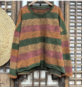 Tシャツ   ストライプ   ラウンドネック  長袖  ゆったり  レディース ファッション  2405# WXB692