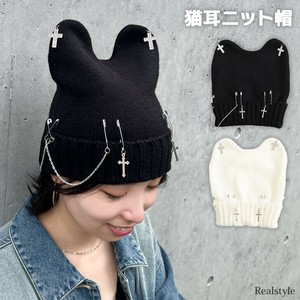 クロスチャーム＆チェーン＆安全ピン付き猫耳ニット帽 czysbo00155