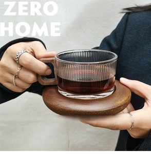 ガラス×胡桃木 縦縞柄カップ ソーサー付 コーヒー専用 日常使いに