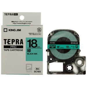 【キングジム】 テプラ PROテープ パステルグリーン 黒文字 18mm幅 SC18G