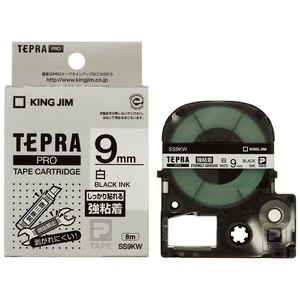 【キングジム】 テプラ PROテープ 強粘着タイプ 白 黒文字 9mm幅 SS9KW