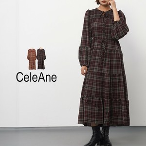 【新作】タータンチェック柄ティアードワンピース　ネックリボン　2色展開