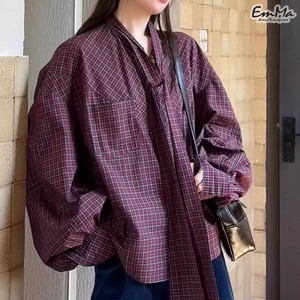 チェック柄デザインシャツ ボウタイシャツ レトロカジュアル 春 秋 【2025新作】