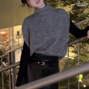 タートルネックニットベスト 秋 冬 グレー フレンチノースリーブ 無地 【2025新作】