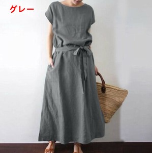 ワンピース 半袖 ラウンドネック  綿麻 夏 無地  ゆったり 快適 レディース ファッション  PBQ245