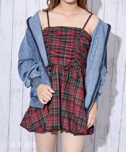 《微起毛チェック×ギャザー》レディース　キャミワンピ　ミニ丈　体型カバー　秋冬