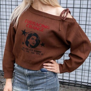 《ワンショルダー×ジャカード》レディース　短丈ニット　トップス　個性派　春秋冬