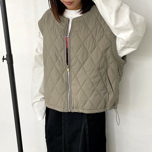 即納【2025新作】キルトノーカラーベスト　ジップ　ゆったり　ワイド　レイヤード　秋　冬　重ね着