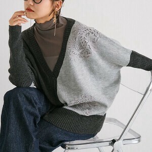 Cardigan Tunic Ladies fashion Floral Pattern V-Neck Knit Cardigan