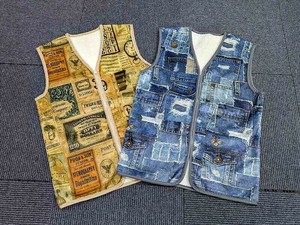 男女兼用 ビンデージ＆デニム柄 裏ボア スリーパー  ルームウェア 防寒 ベスト 着る毛布 デニム アメカジ