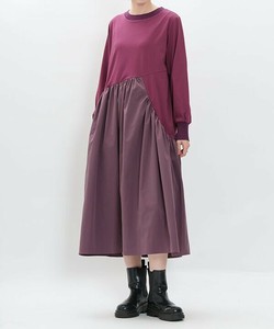 【2025秋冬新作】異素材切替ワンピース ロング丈 長袖 ギャザー 接触冷感 レディース