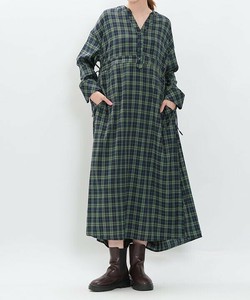 【2025秋冬新作】スキッパーネックワンピース チェック柄 ロング丈 長袖 レディース