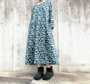 【handmade】Cats One-piece Dress, 100% Cotton, With Pockets, Long Sleeve, Navyblue