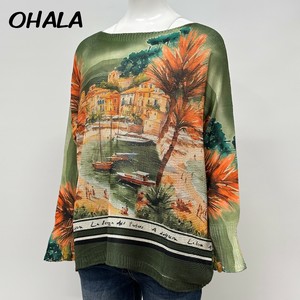 【イタリア製】OHALA 海辺の風景プリント ゆったりシルエット レーヨンニットソー