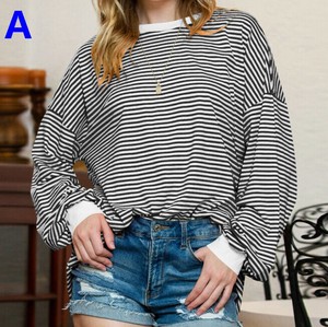 Tシャツ ラウンドネック 長袖 ストライプ  ゆったり 快適 レディース ファッション  MBQ3765