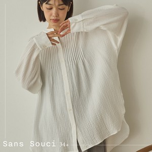Button Shirt/Blouse Round-hem Double Gauze Pintuck Shirt