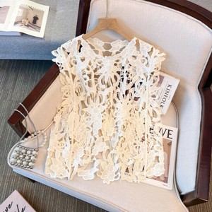 Tシャツ 透かし彫り ノースリーブ  ラウンドネック 無地 快適 レディース ファッション  MBQ3827