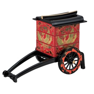 御所車三段重　小物入れ　朱　鳳凰