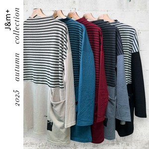 <2025秋物新作>ボーダー切替猫プリント入り長袖Tシャツ　チュニック丈　2025秋物人気　J&m+