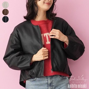 【2025新作】ノーカラーリブ切替フェイクレザージャケット レディース ミセス 婦人服 33-0423