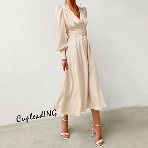 ＜SALE＞早い者勝ち ランタンスリーブ 受け取って腰 ワンピース ピュアカラー 気質 Aライン ロングスカート
