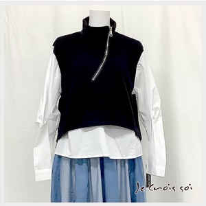 30750 　ハーフジップスタンドカラー　布帛＆カットソーアンサブル風　サイドドロスト入シャツ　　レディス