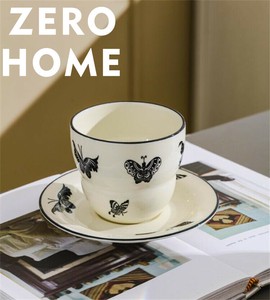 コーヒーカップ2点セット 黒蝶デザイン 陶磁器製