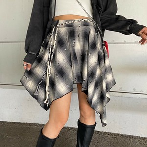 即納【2025新作】ダメージチェックイレヘムスカート　イレギュラーヘム　アシメ　ベルト付き　インパン