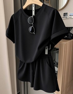 パンツスーツ 2点セット 半袖 ラウンドネック 無地 快適 レディース ファッション MBQ3925