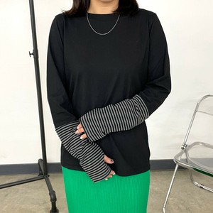 即納【2025新作】袖ボーダー切替ロンT　インナー　長袖　レイヤード　重ね着　指抜き　配色　秋服　冬服