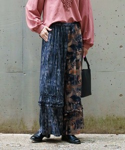【2025秋冬新作】ミックス柄フリルワイドパンツ ギャザー ウエストゴム 花柄 レディース
