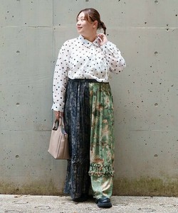 【2025秋冬新作】ミックス柄フリルワイドパンツ ギャザー ウエストゴム 花柄 レディース 大きいサイズ