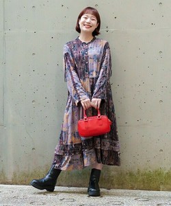 【2025秋冬新作】袖ギャザーミックス柄ワンピース ミモレ丈 長袖 花柄 フリル レディース 大きいサイズ