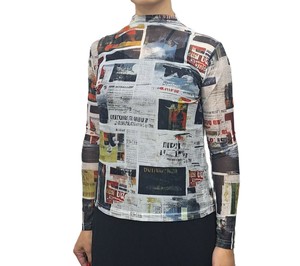 長袖Tシャツ　個性的　シアーメッシュハイネック　シースルー　新聞