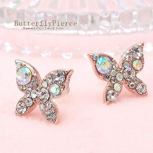 Pierced Earrings Titanium Post Rhinestone Pink Butterfly
