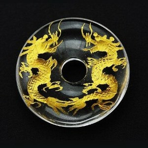 【置き石】ドーナツ型(ピーディスク) 30mm 水晶彫刻 金彫り 双龍