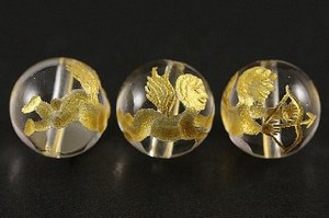 【彫刻ビーズ】水晶 10mm (金彫り) 天使(弓持ち)