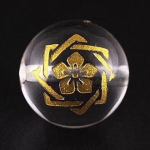 【彫刻ビーズ】水晶 12mm (金彫り) 家紋「坂本龍馬」
